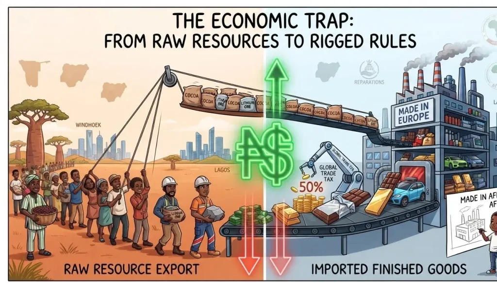 A political cartoon infographic illustrating the economic trap of African resource extraction. The left side shows African workers exporting raw materials like cocoa and lithium from Windhoek and Lagos, while a central global trade tax conveyor belt feeds these resources into a European factory that imports expensive finished goods like chocolate bars and cars back to Africa.